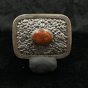 Wonderful Vintage Nepali Silver And Gold Plated Belt Buckle With Coral Stone