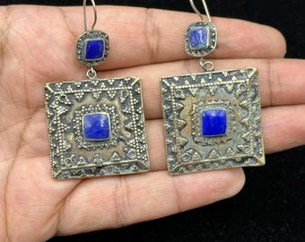 Unique Design Vintage Handmade Afghan Silver Plated Earrings With Lapis Lazuli Stone