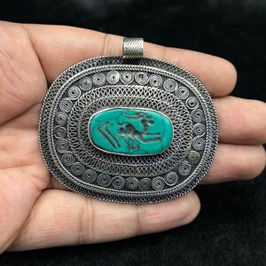 Bracelet Vintage Afghanistan - Turquoises Intaglio Sur Bronze Ciselé - Occasion