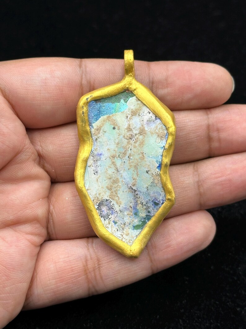 Ancient Rare Beautiful Patina Roman Glass Pendant With Gold Gilded