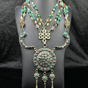 Brass Tibetan Vintage Necklace With Natural Turquoise Crystal & Coral Stone