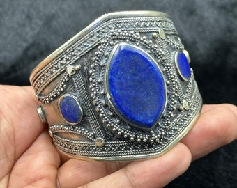 Vintage Afghani Silver Handmade Adjustable Bangle With Good Quality Lapis Lazuli Stone