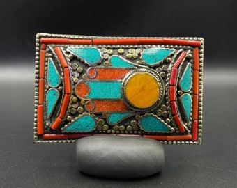 Wonderful Vintage Nepali Silver Belt Buckle With Turquoise Coral And Agate Stone