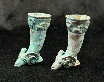 2 Pieces Rare Ancient Bronze Parthian Period Rhyton Vessel in Form Of Ram Animal 1st Century BC