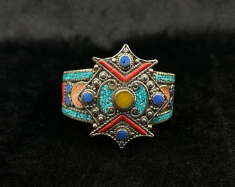 Vintage Tibetan Nepalese Cuff Bangle With Turquoise Coral And Lapis Lazuli Stone