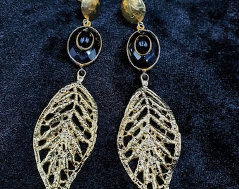 Handmade Gold Plated Brass Earrings with Black Agate Stone