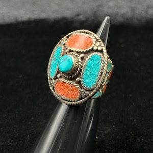 Adjustable Tibetan Nepalese Beautiful Ring With Turquoise And Coral Stone