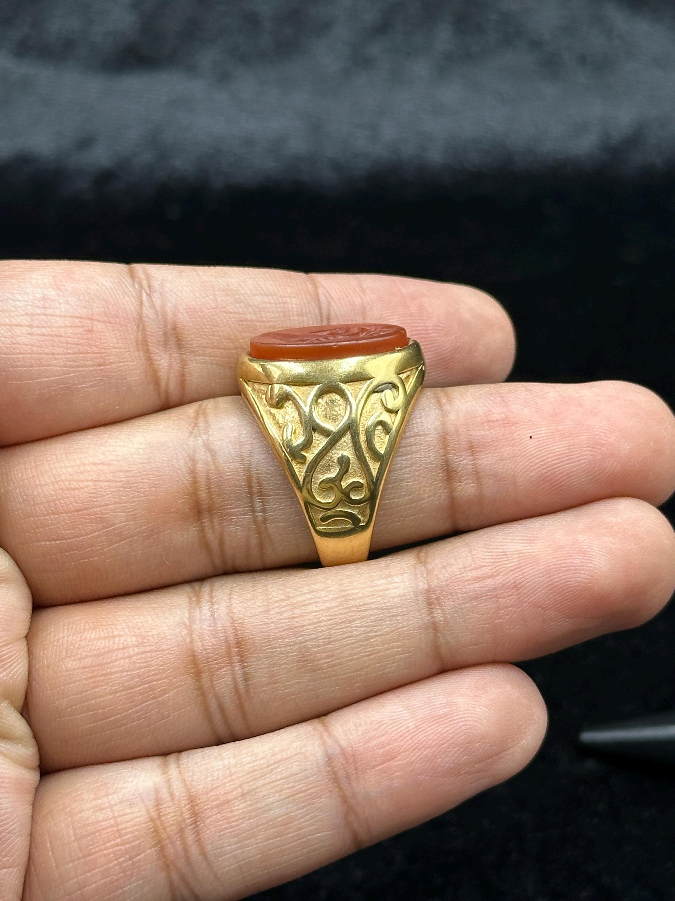 Bague En Or Jaune 18 Carats Avec Intaille Sur Agate - Taille 55, Pierre Naturelle, Occasion
