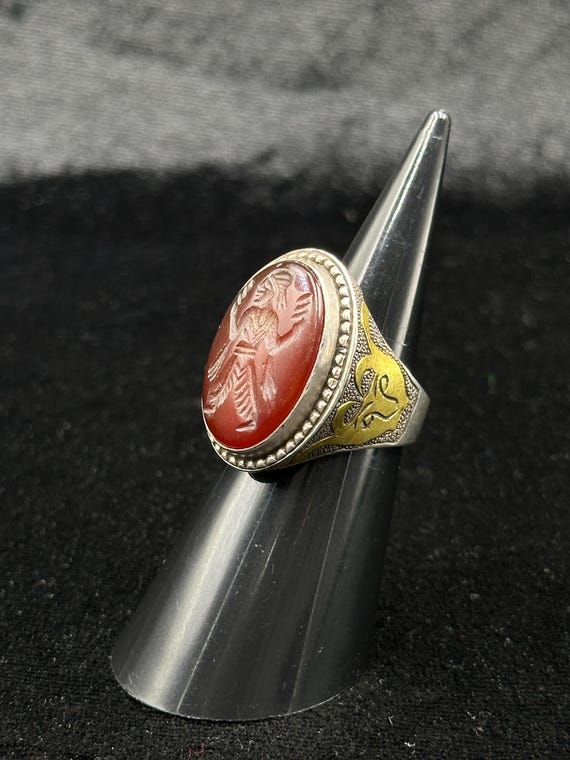 Ancient Solid Silver & Gold Plated Ring With Inta… - image 1