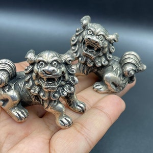 Tibetan Antique Bronze Silver Plated Antique Guardian Lion Foo Fu Door Dog Pair Statue