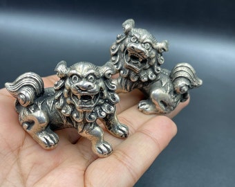 Tibetan Antique Bronze Silver Plated Antique Guardian Lion Foo Fu Door Dog Pair Statue