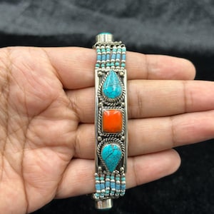 Vintage Tibetan Nepalese Handmade Ethnic Bracelet With Turquoise And Coral Stone
