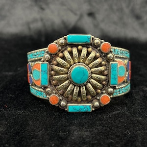Vintage Tibetan Silver Nepalese Cuff Bangle With Turquoise Lapis Lazuli And Coral Stone