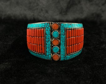 Vintage Tibetan Nepalese Cuff Bangle With Turquoise And Coral Stone