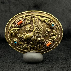 VINTAGE Tibetan Brass Handmade Beautiful Belt Buckle With Turquoise And Coral Stone