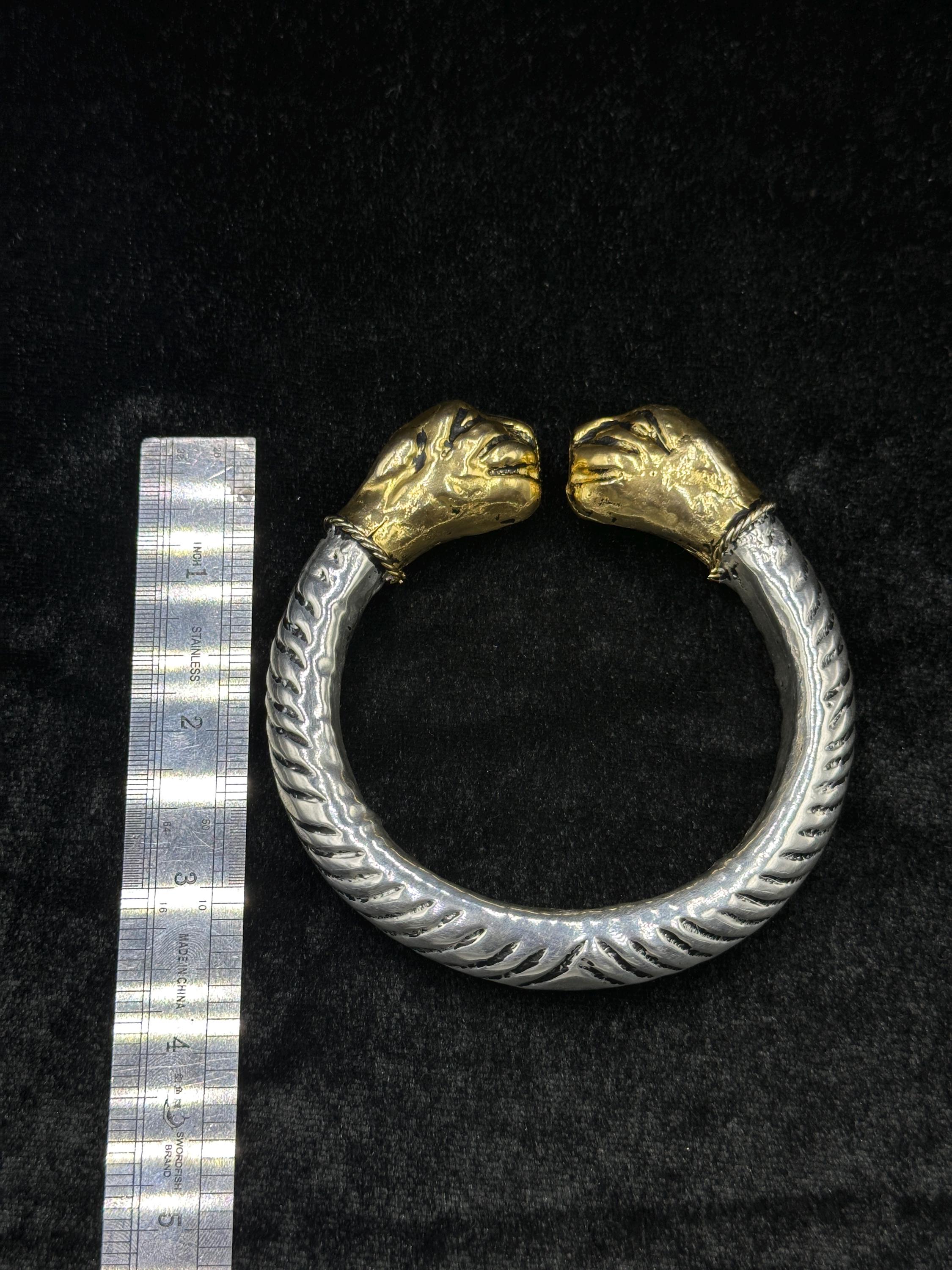 古代ローマのシルバー＆ゴールドメッキのライオンヘッドバングル（7.5 