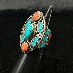 Adjustable Tibetan Nepalese Beautiful Ring With Turquoise And Coral Stone