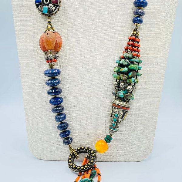 Tibetan Beautiful Design Old Necklace With Natural Turquoise Coral And Lapis Lazuli Stone