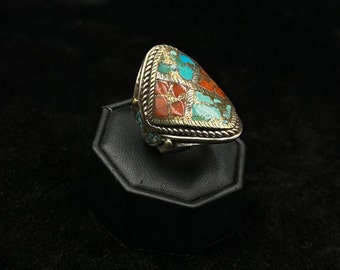 Tibet nepalesischer wunderschöner handgemachter Ring mit Türkis und Koralle Stein