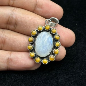 Vintage Handmade Sterling Silver Natural Moon Stone & Tiger's Eye Unique Pendant
