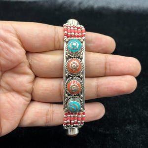 Vintage Tibetan Nepalese Handmade Ethnic Bracelet With Turquoise And Coral Stone
