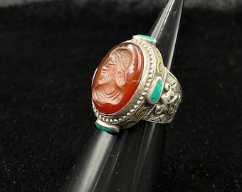 Ancient Roman Sterling Silver Ring With Intaglio King Carnelian And Turquoise Stone