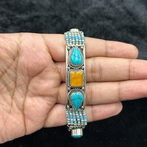 Vintage Tibetan Nepalese Handmade Ethnic Bracelet With Turquoise Copal And Coral Stone