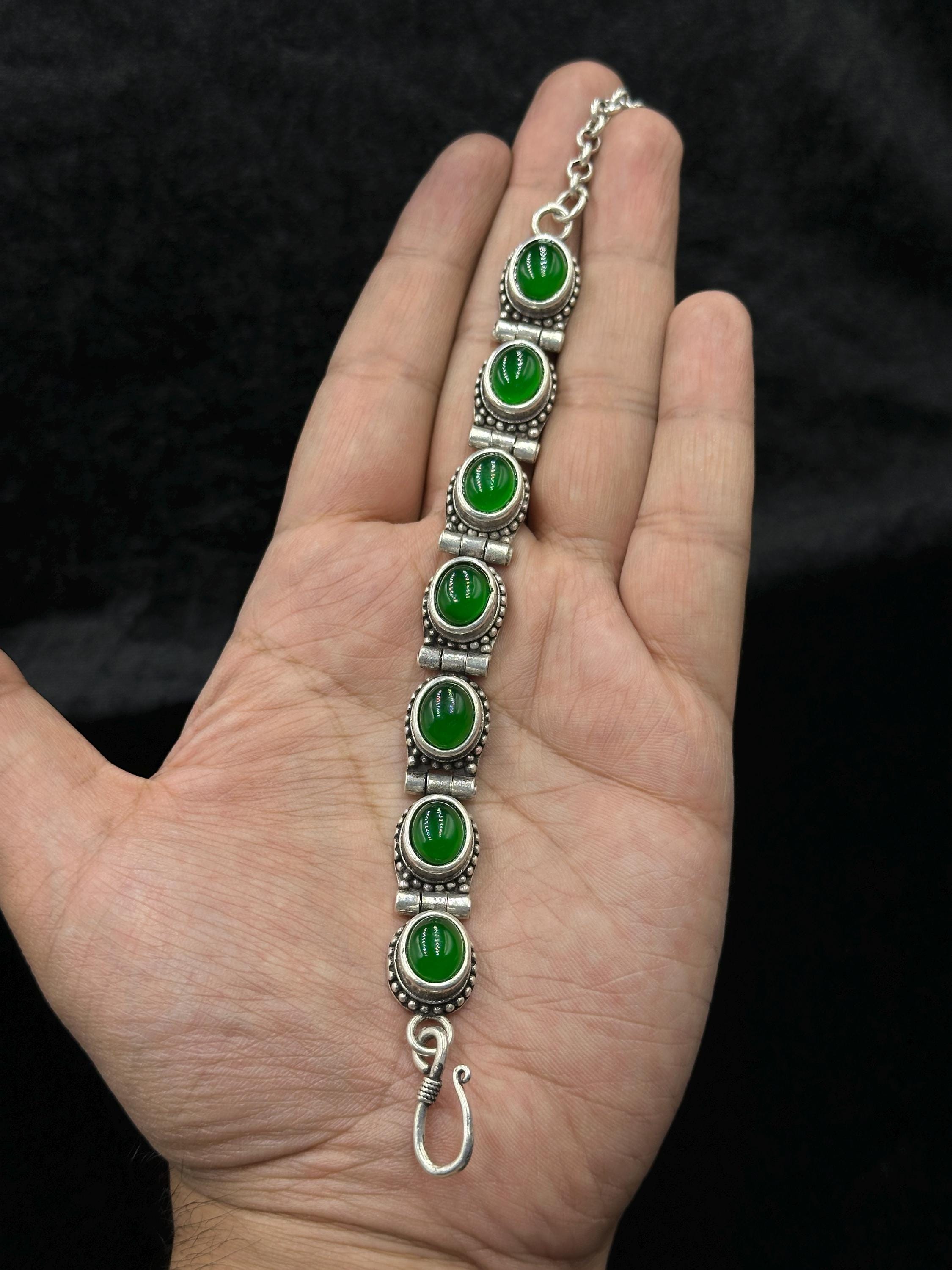 Vintage Handmade Tibetan Silver Bracelet With Natural Green Agate