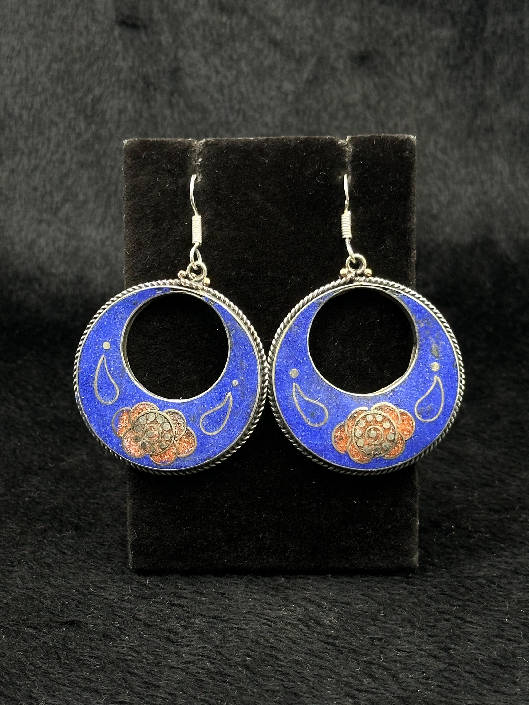 Boucle D'oreille Ancienne Style Tibétain/népalais - Lapis-lazuli, Corail, Turquoise - Longueur 6.6 Cm