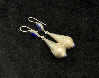 Unique Vintage Handmade Afghan Silver Plated Earrings With Lapis Lazuli Stone