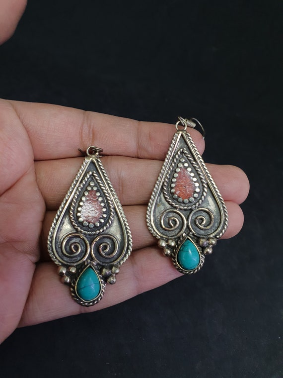 Boucles D'oreilles Vintage En Argent 925 Avec Turquoise Et Corail - Fait Main, Style Boho Tibétain, Longueur 6 Cm