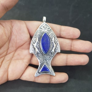 Unique Design Vintage Silver Plated Pendant With Natural Lapis Lazuli Stone From Afghanistan