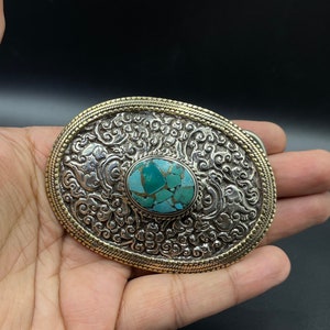 Wonderful Vintage Tibetan Nepali Silver Belt Buckle With Turquoise Stone
