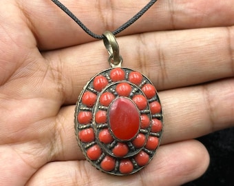 Vintage Tibetan Coral Pendant, Handmade Silver Plated Necklace