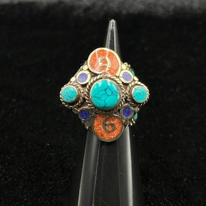 Adjustable Tibetan Nepalese Beautiful Ring With Turquoise Coral And Lapis Lazuli Stone