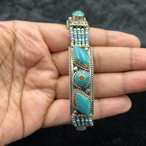 Vintage Tibetan Nepalese Handmade Ethnic Bracelet With Turquoise And Coral Stone