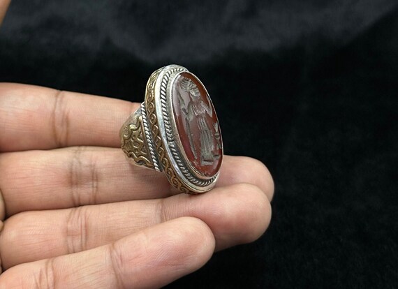 Solid Silver And Gold Plated Ancient Ring With In… - image 4