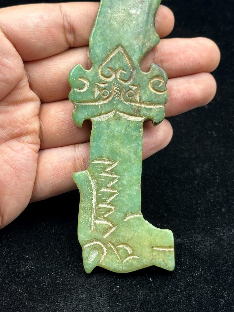 Unique Vintage Old Central Asia Jade Stone Carving Knife Horse Head