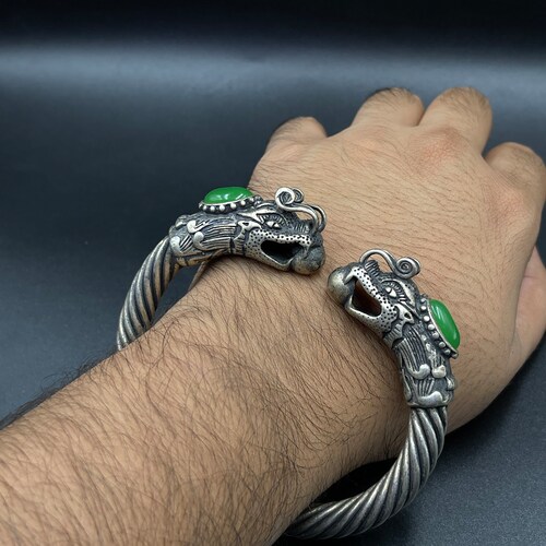 Vintage Adjustable Beautiful Tibetan Silver Dragon Bangle With Jade Stone shops