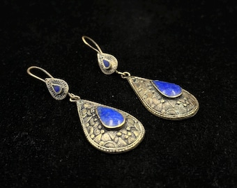 Unique Design Vintage Handmade Afghan Silver Plated Earrings With Lapis Lazuli Stone