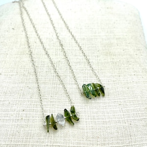 Natural Moldavite And Herkimer Diamond Quartz Handmade Necklace With Sterling Silver Chain / Genuine Moldavite/ Authentic Moldavite