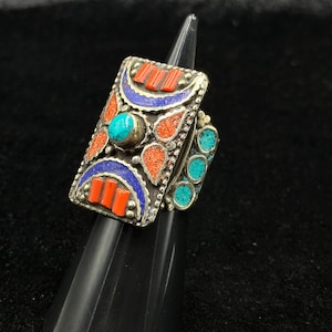 Adjustable Tibetan Nepalese Beautiful Ring With Turquoise Coral And Lapis Lazuli Stone