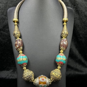 Huge Beautiful Brass Vintage Unique Necklace With Copal Turquoise & Coral Stone