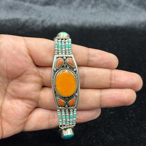 Vintage Tibetan Nepalese Handmade Ethnic Bracelet With Turquoise Copal And Coral Stone