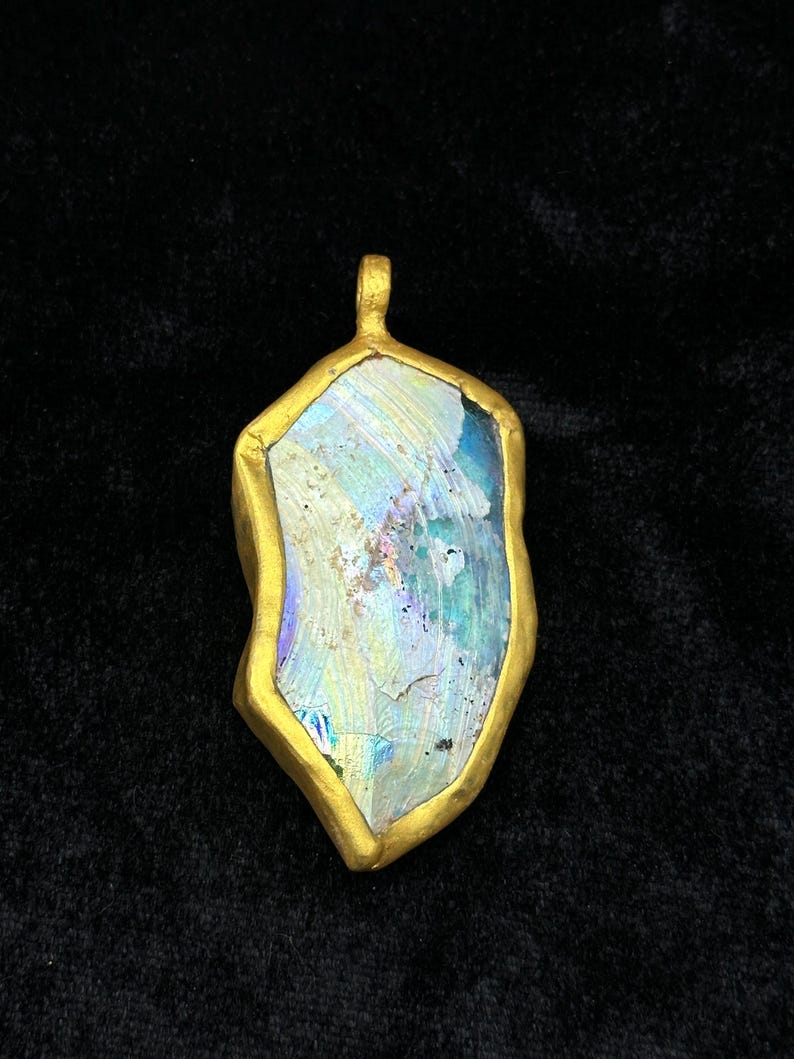 Ancient Rare Beautiful Patina Roman Glass Pendant With Gold Gilded