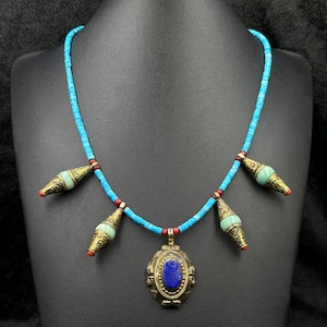 Beautiful Handmade Old Brass Necklace With Natural Coral Turquoise & Lapis Lazuli Stone