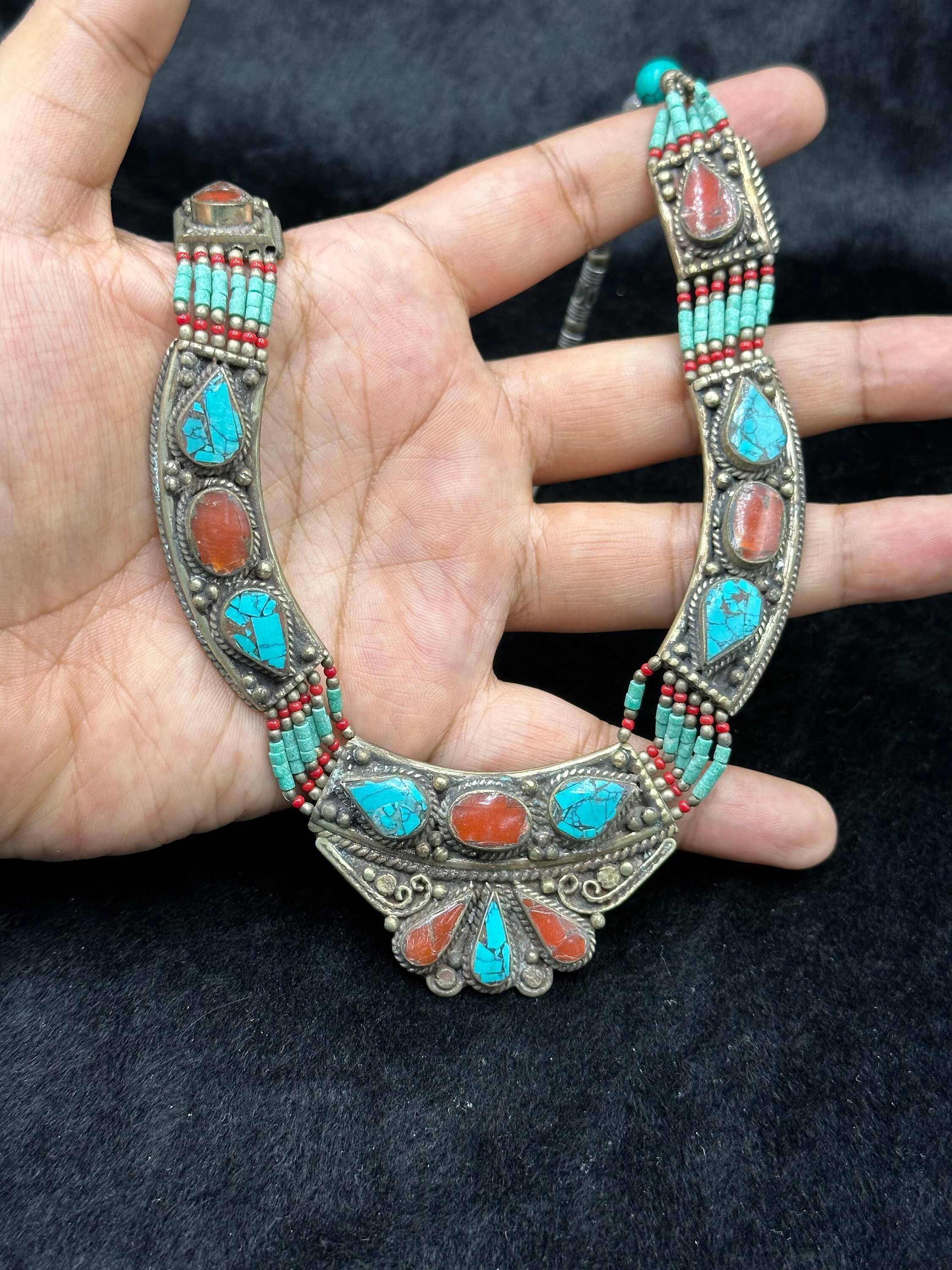 Collier Ethnique Népalais/tibétain - Pierres (agate, Turquoise, Corail) Et Perles - Fait Main Vintage