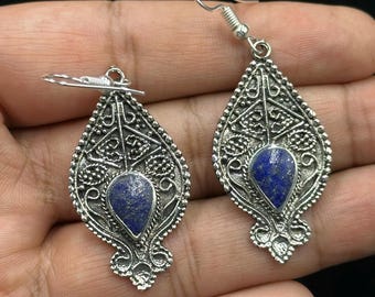 Unique Design Vintage Handmade Silver Earrings With Lapis Lazuli Stone