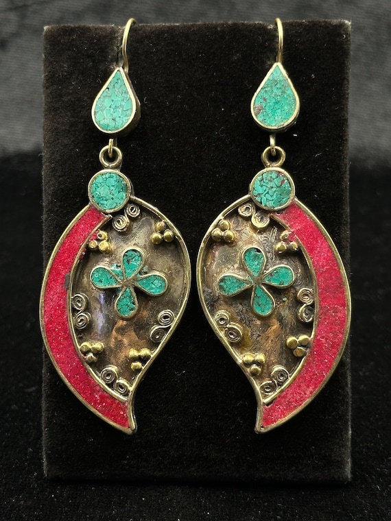 Vintage Tibetan Turquoise Coral Earrings, Sterling Silver Hooks - Etsy