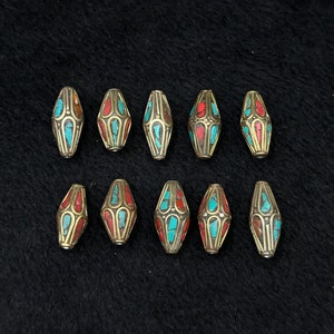 Vintage Tibetan Nepalese Brass 10 Pieces Beads With Turquoise And Coral Stone